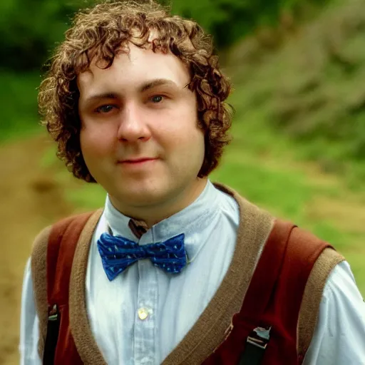 Image similar to close up headshot of a frowning clean shaven pudgy British lad with short curly dark brown hair as a hobbit wearing a white men's crossbody sling chest bag and blue vest, blue vest!! white crossbody chestbag!! high resolution film still, by Jeff Bark
