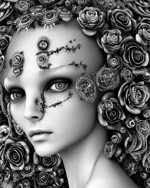 Image similar to mythical dreamy black and white organic bio - mechanical spinal ribbed profile face portrait detail of translucent steampunk beautiful female angelic - human - queen - vegetal - cyborg, highly detailed, intricate crystal ivy jelly ornate, poetic, translucent roses ornate, 3 d render, digital art, octane render, 8 k artistic photography, photo - realistic, by dora maar