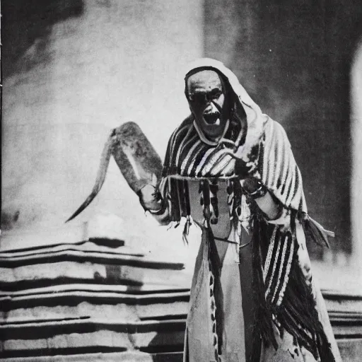 Image similar to a photograph of a aztec priest preying at a temple