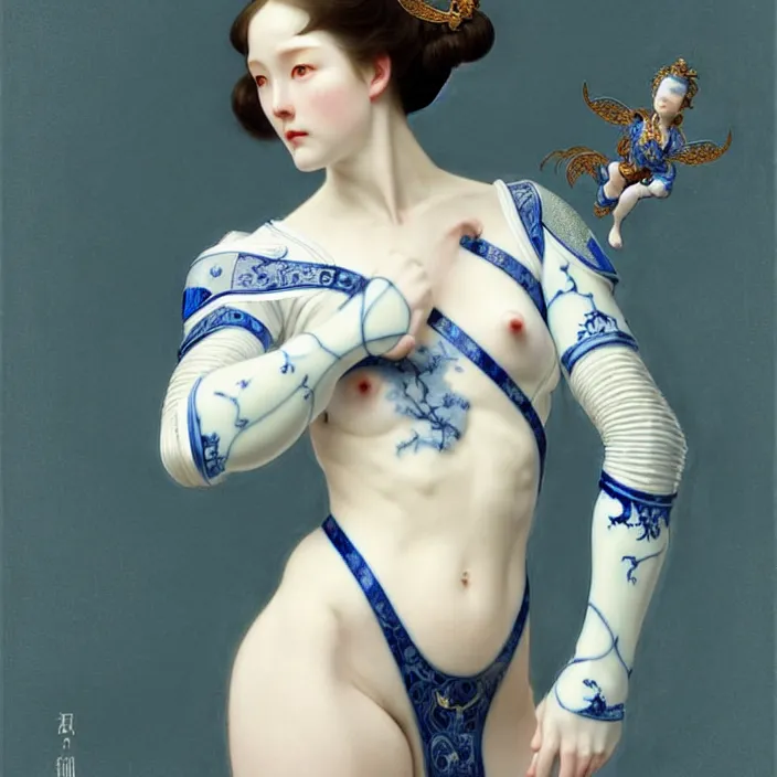 Prompt: porcelain cyborg, Chinese Blue and white porcelain 14th century, diffuse lighting, fantasy, intricate, elegant, highly detailed, lifelike, photorealistic, digital painting, artstation, illustration, concept art, smooth, sharp focus, art by John Collier and Albert Aublet and Krenz Cushart and Artem Demura and Alphonse Mucha