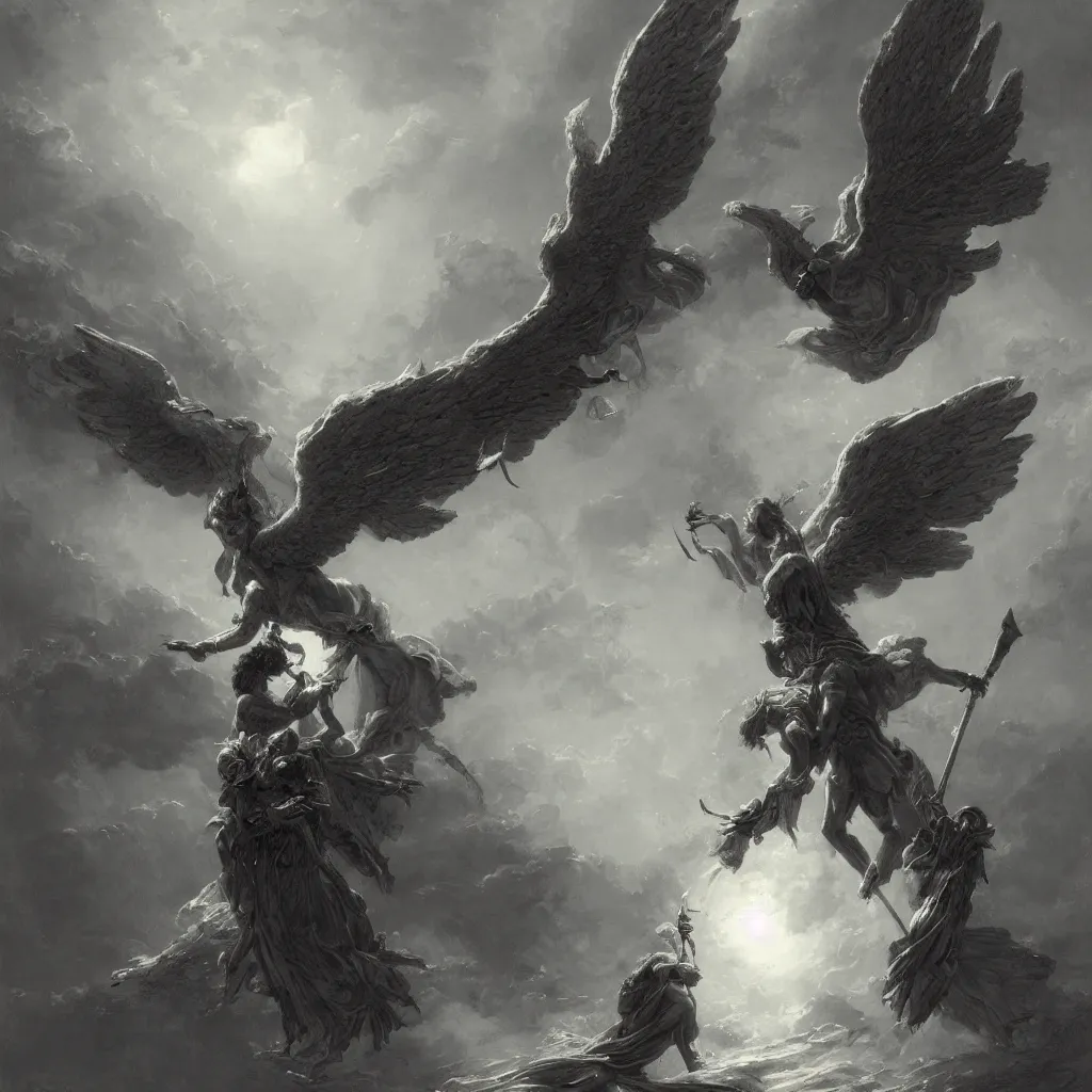 Prompt: Dark and dreary painting, a sword fight between an angel and a demon, angel with a halo on his head, demon has huge wings, by Gustave Dore, by greg rutkowski, trending on artstation