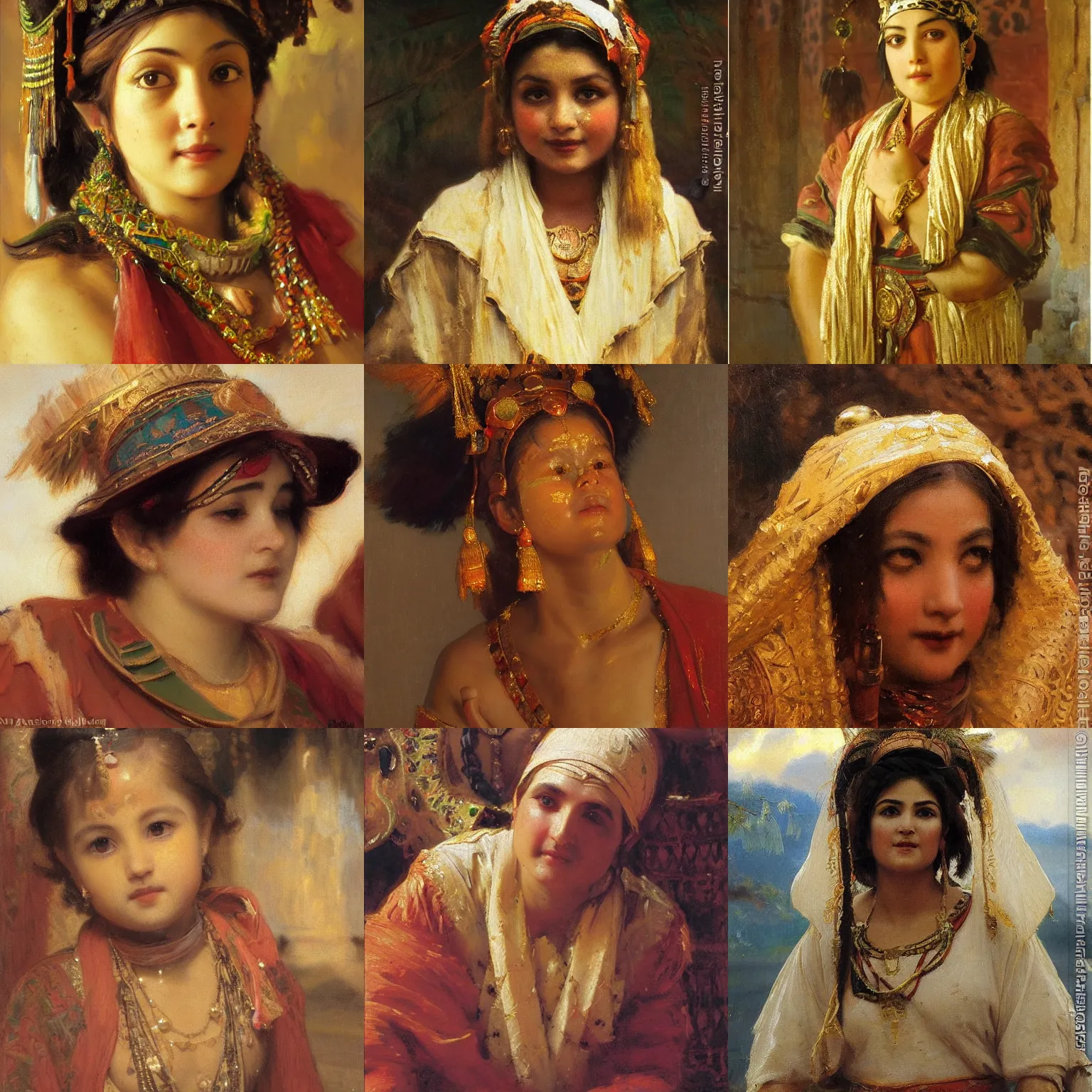 Prompt: orientalism cute attendant at sacred site face detail by theodore ralli and nasreddine dinet and anders zorn and nikolay makovsky and edwin longsden long, oil on canvas, masterful intricate artwork, excellent lighting, high detail 8 k