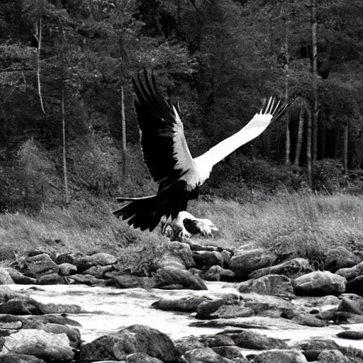 Image similar to a black and white eagle, flying over a forest with a river