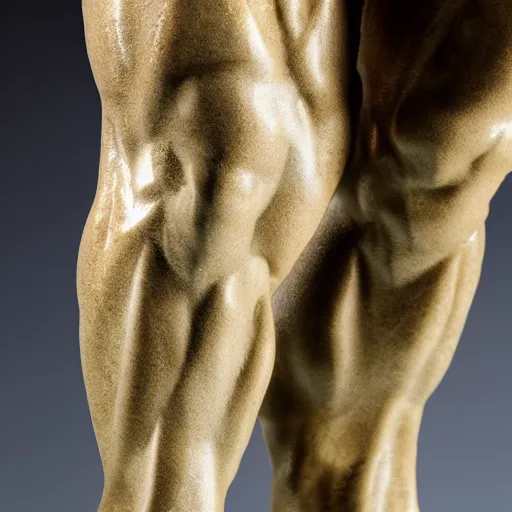 Image similar to stunning close up photograph of marble sculpture of strong masculine man's legs made of marble set on fine gold base, masculine texture background, 40mm lens, shallow depth of field, split lighting