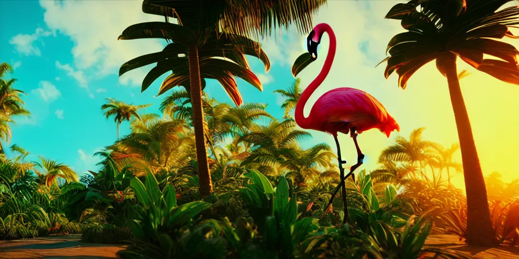 Image similar to unreal engine 5 8 k uhd render of an flamingocore tropicalwave junglepunk abstrafractalmancer, photorealistic, animal photography, lush tropical surroundings, volumetric lighting, sunlight, 1 0 5 mm lens