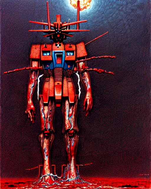 Image similar to bleeding gundam made of meat drawn by beksinski, high definition, lovecraftian