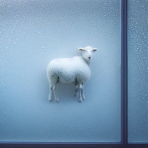 Image similar to a beautiful closeup photo of a frost patterns on a window in a shape of a painting of a sheep, hyper realistic, hyper detailed, octane render, raytracing, frost on a window