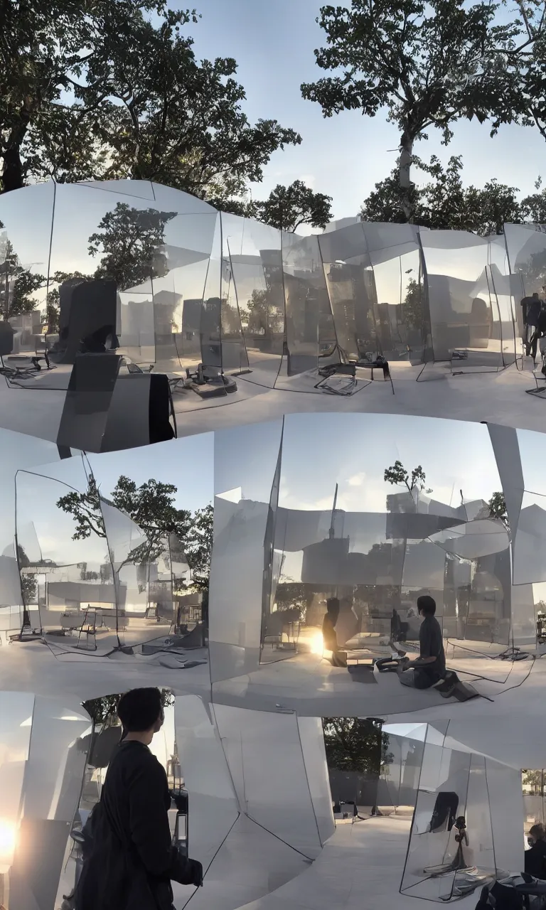 Image similar to candid photo of sunrise futuristic floating cozy open - air design studio workshop : nodes designed by jony ive ( glowing screens arranged into minimalist explorable bookshelves ) scale model floating in midair in front of me : brilliant daylight vr os ux, leica 8 k still from an a 2 4 film