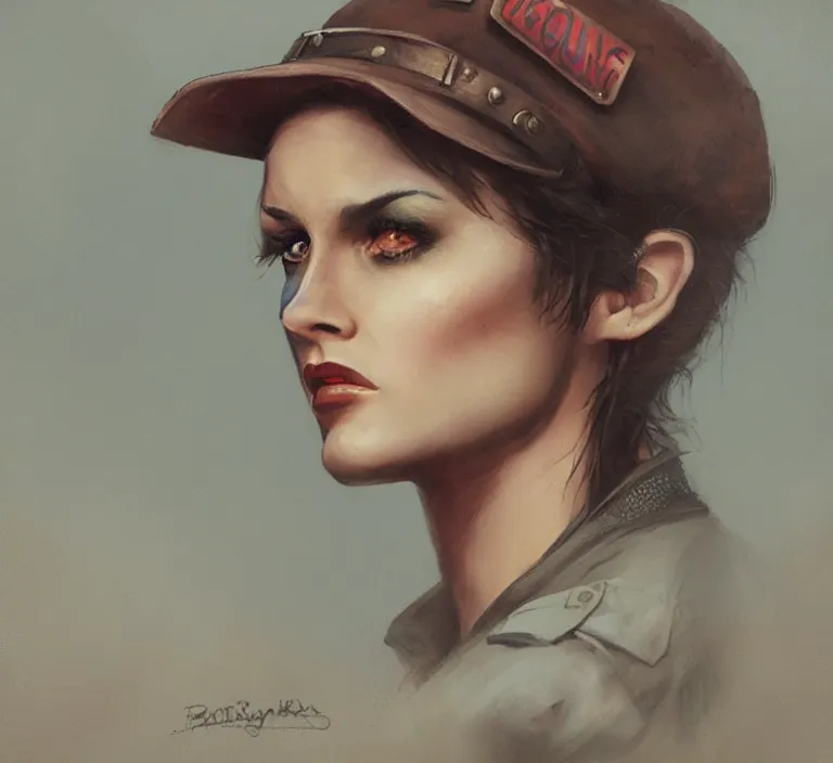 Image similar to a rugged and sarcastic female cop in the style of tom bagshaw