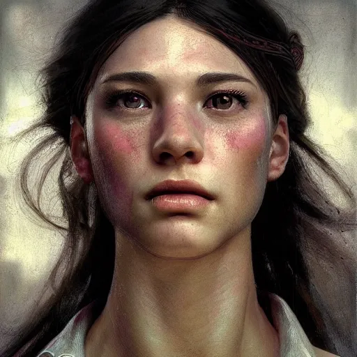 Prompt: epic portrait an beautiful waitress with short sleeved uniform, muscular, sweaty skin, hyperrealistic, expressive, emotional, moody, contre jour, octane render, cinematic, beautiful face and flawless skin, perfect hands, 5 fingers, by Edgar Maxence and Ross Tran and Michael Whelan, Legends of Runeterra