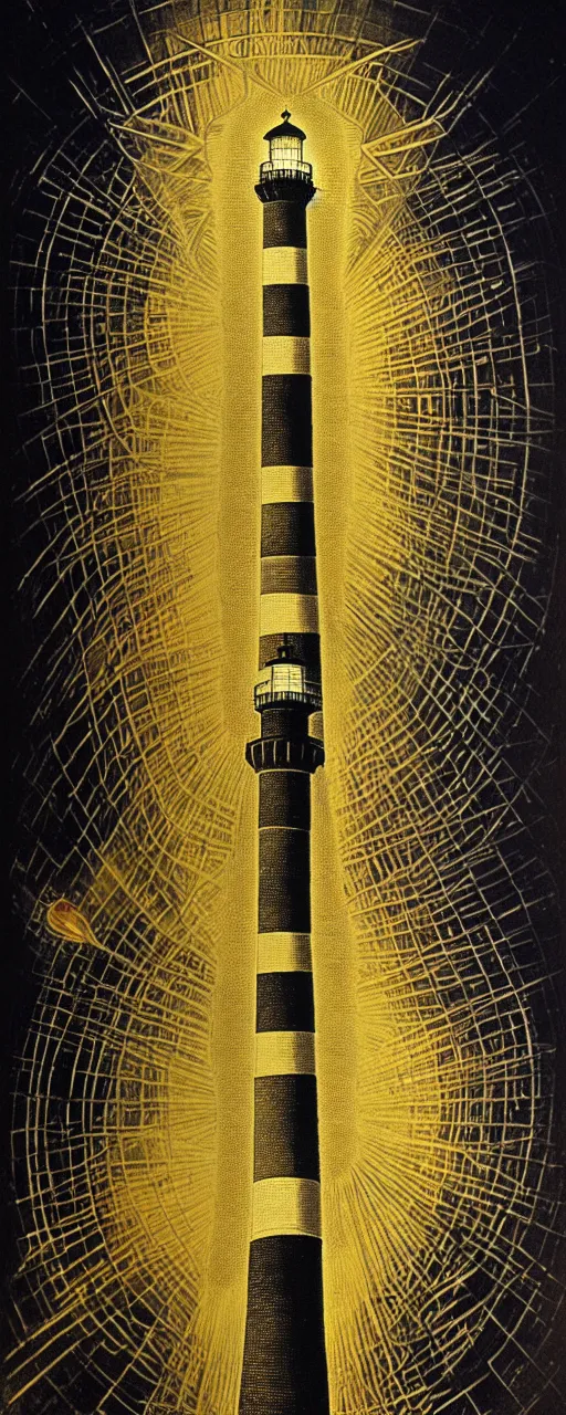 Image similar to an epic lighthouse radiates a unique canto'as above so below'while being ignited by the spirit of haeckel and robert fludd, breakthrough is iminent, glory be to the magic within, in honor of saturn, painted by ronny khalil