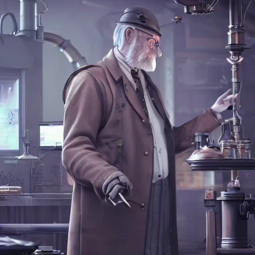 Image similar to muted colors, steampunk, 3 d octane render, unreal engine, realistic, and old professor standing in his laboratory inspecting gadgets, detailed, cinematic lighting