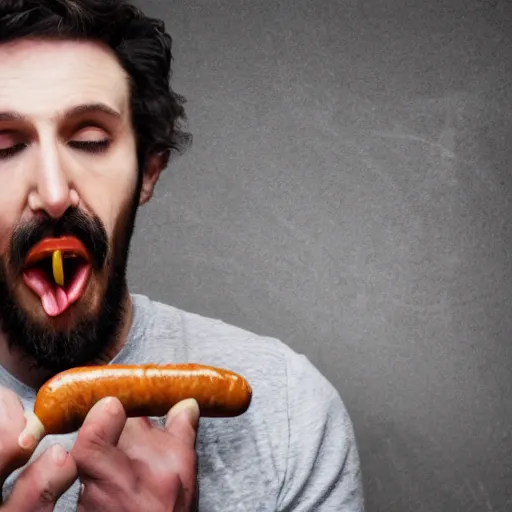 Prompt: a man eating a sausage, highly detailed.