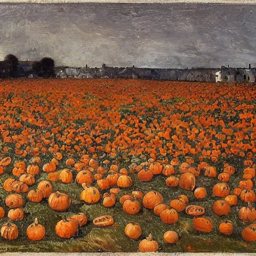 Prompt: a field of rotting pumpkins, by Sir James Guthrie, hyperrealism