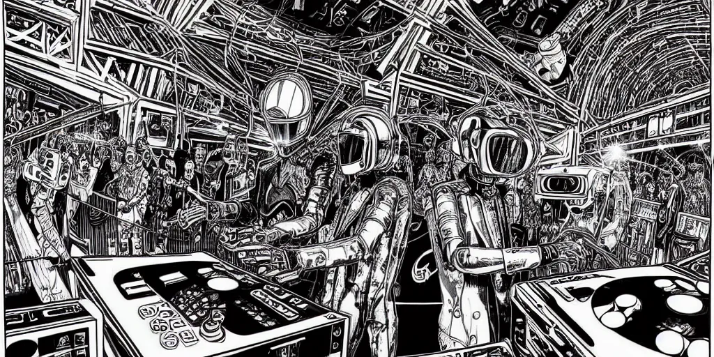 Image similar to intricate detailed artwork of 2 Daft Punk robot rock using dj controller at an underground warehouse rave in Ibiza, playing techno house music, thousands of beautiful girls in bikini dancing, in the style of Moebius, wires, speakers, black and white ink, some ink drips