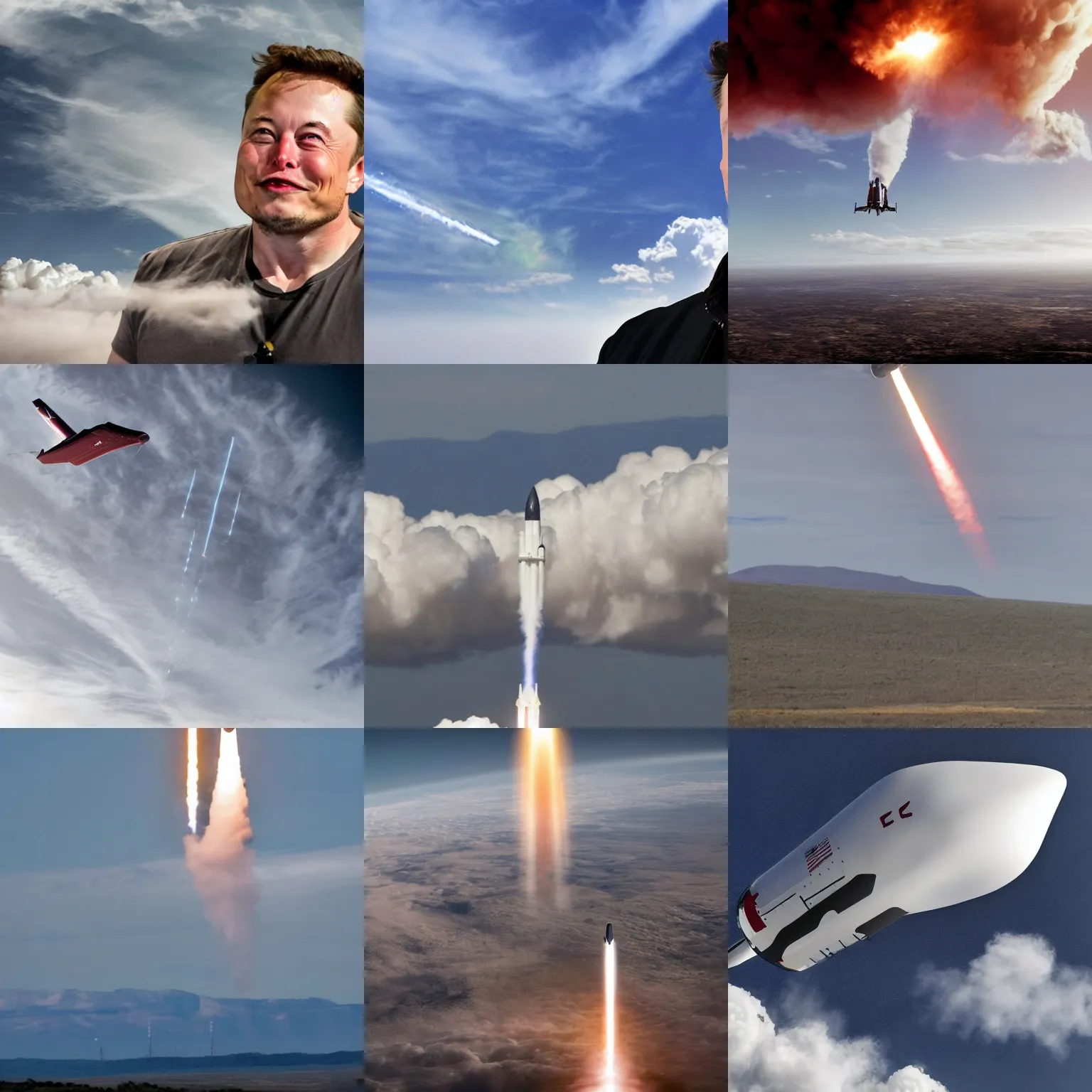 Prompt: elon musk flying on a giant rocket through the clouds