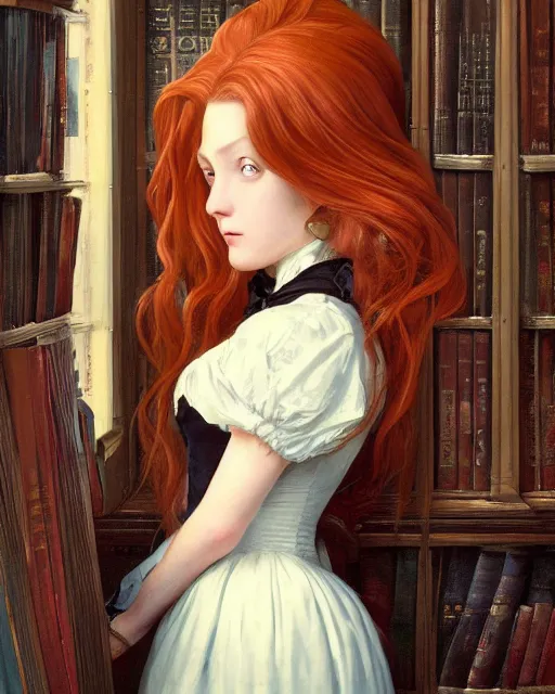 Image similar to a portrait of a victorian maid with long, flowing, auburn hair, detailed face, large eyes, standing in a victorian reading room, window, short bookshelf, holding a stack of books, vivid colors, soft lighting, atmospheric, cinematic, moody, in the style of Ilya Kuvshinov and Range Murata, Krenz Cushart, oil on canvas, anime, 8K