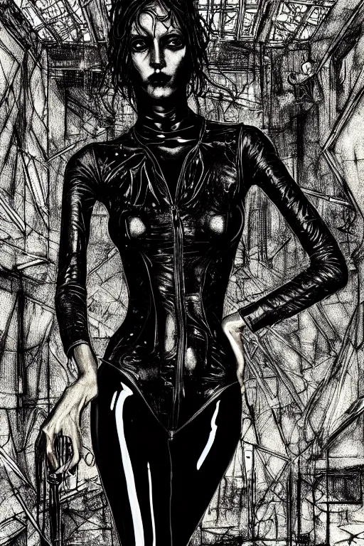 Prompt: dreamy gothic girl, wet black leather slim suit, beautiful woman body, detailed acrylic, grunge, intricate complexity, by dan mumford and by alberto giacometti, peter lindbergh