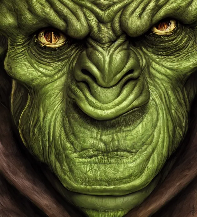 Image similar to portrait of a green orc, detailed eyes, tusks, fantasy, intricate, highly detailed, digital painting, 4 k, hdr, concept art, smooth, sharp focus, illustration, by wayne reynolds