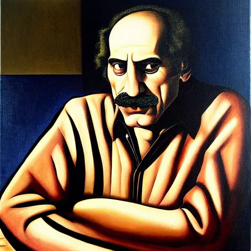 Prompt: frank zappa portrait, grant wood, pj crook, edward hopper, oil on canvas