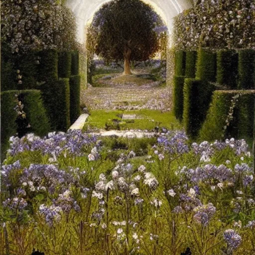 Image similar to a recursive cathedral made of marble within a wildflower meadow at dawn, infinite regress, droste effect, in the style of alma tadema