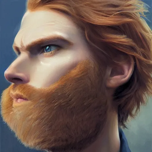 Image similar to 2 4 - year - old man, masculine face, square jaw, ginger hair, dark blue eyes, hyper realistic face, beautiful eyes, highly detailed, digital painting, smooth, sharp, beautiful face, expressive eyes, long fluffy wavy ginger hair, art by greg rutkowski and alex gray