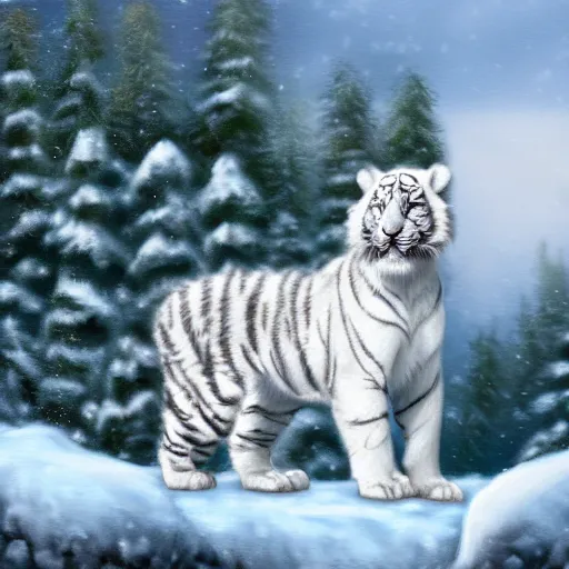 Image similar to cute fluffy white tiger cub sitting on rock in snowy winter landscape with trees detailed painting 4k