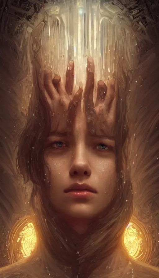 Image similar to tears turning into waterfall, crying eyes wide open, fame of thrones, lord of daggers, neon, fibonacci, sweat drops, insane, intricate, highly detailed, digital painting, artstation, concept art, smooth, sharp focus, illustration, Unreal Engine 5, 8K, art by artgerm and greg rutkowski and alphonse mucha