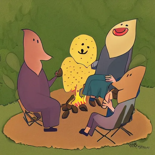 Image similar to anthropomorphic prunes sit around a campfire having a discussion on the taste of pineapples, digital art