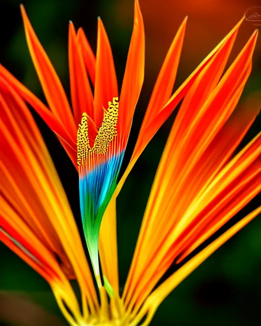 Prompt: super sharp microphotography ornate Birds of Paradise flowers dali robert steven connett dramatic orange light 8k low angle shallow depth of field