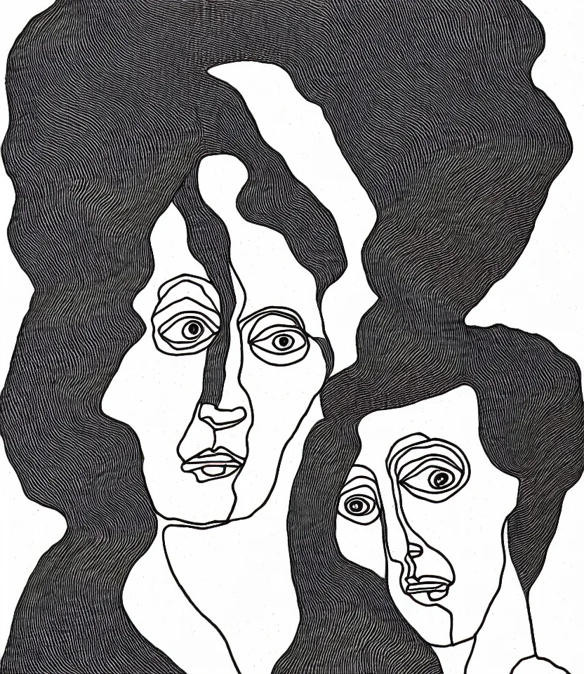 Image similar to detailed line art portrait of virginia woolf, inspired by egon schiele. caricatural, minimalist, bold contour lines, musicality, soft twirls curls and curves, confident personality, raw emotion