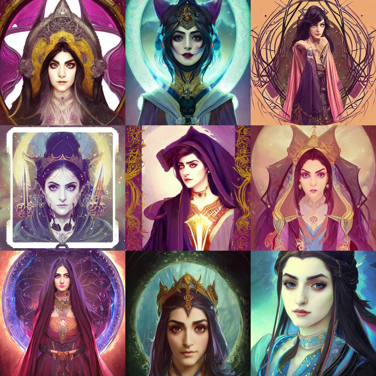 Prompt: masterpiece head-on symmetrical centered painted portrait, Maya Ali as D&D Mage, World of Warcraft game style, wearing wizard robes, elegant, tarot card background, in the style of ROSSDRAWS and Ruan Jia and Ross Tran and Alphonse Mucha and Ayami Kojima and Charlie Bowater and Karol Bak and Jean Delville, pixar, maya engine, splash comics, global illumination lighting, rich bright colours