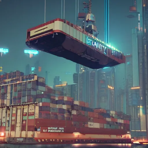 Image similar to an anti-gravity (futuristic container vessel) hovering at port in Night City Cyberpunk 2077, muted cyberpunk style, tranquil, steady, atmospheric, sweltering, autochrome, 8k, reflections, octane render, unreal engine 5