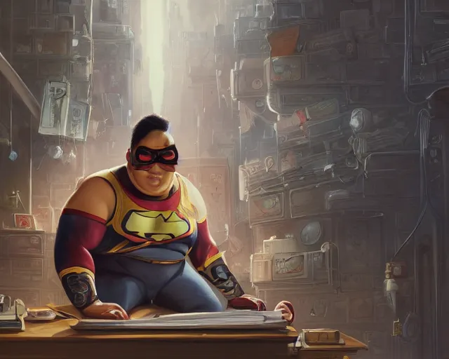 Prompt: an insanely detailed painting of a slightly chubby, nerdy asian man wearing a superhero costume and mask, sitting at a desk, staring at the nervously at the computer and typing, in the style of peter mohrbacher, dramatic lighting and composition, octane render, trending on artstation, concept art, comic book, view from behind