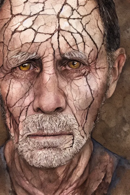 Image similar to portrait of a old man with aquarelle painted skin. close up, very dark brown hair, light eyes, intricate dark flowers pattern background, high detail, by Eddie Mendoza