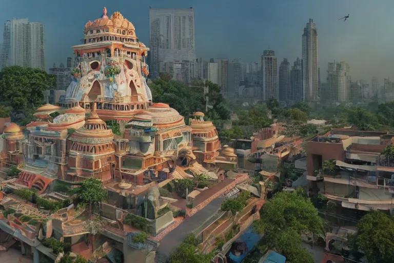 Image similar to gorgeous dreamscape! biomorphic new delhi, hanuman!! head building, kalighat, octane highly detailed cinematic, stephen shore & john j. park, soft morning light, wide shot, high angle, uhd 8 k, deep focus