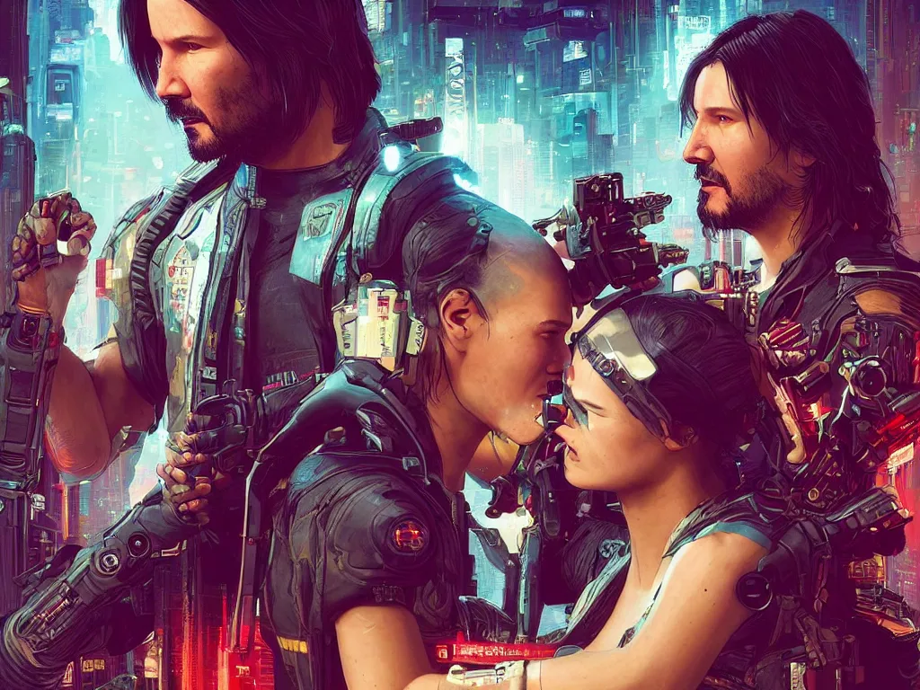 Image similar to a cyberpunk 2077 instagram couple portrait of a Keanu Reeves and a female android final kiss,love,film lighting,by Laurie Greasley,Lawrence Alma-Tadema,Dan Mumford,John Wick,Speed,Replicas,artstation,deviantart,FAN ART,full of color,Digital painting,face enhance,highly detailed,8K,octane,golden ratio,cinematic lighting