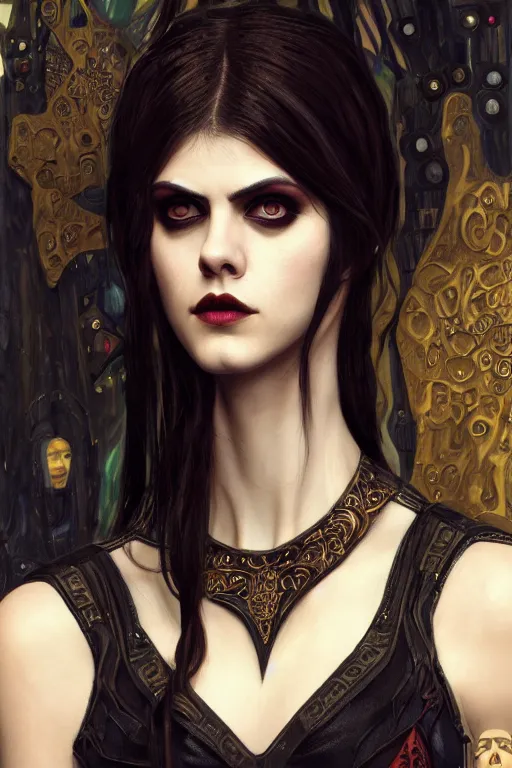 Image similar to portrait of beautiful gothic Alexandra Daddario, cyberpunk, Warhammer, highly detailed, artstation, illustration, art by Gustav Klimt