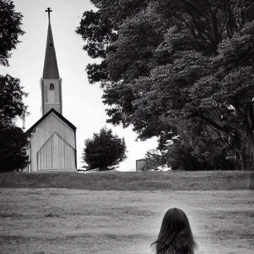Prompt: the landscape of a girl standing in front of church, by Paindude.