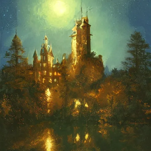 Image similar to a renaissance castle in a forest with a glowing night sky, upward angle, by craig mullins