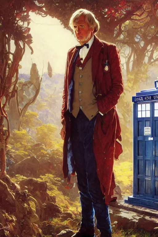 Image similar to The Fifth Doctor standing next to the TARDIS, portrait by Stanley Artgerm Lau, greg rutkowski, thomas kindkade, alphonse mucha, loish, norman Rockwell