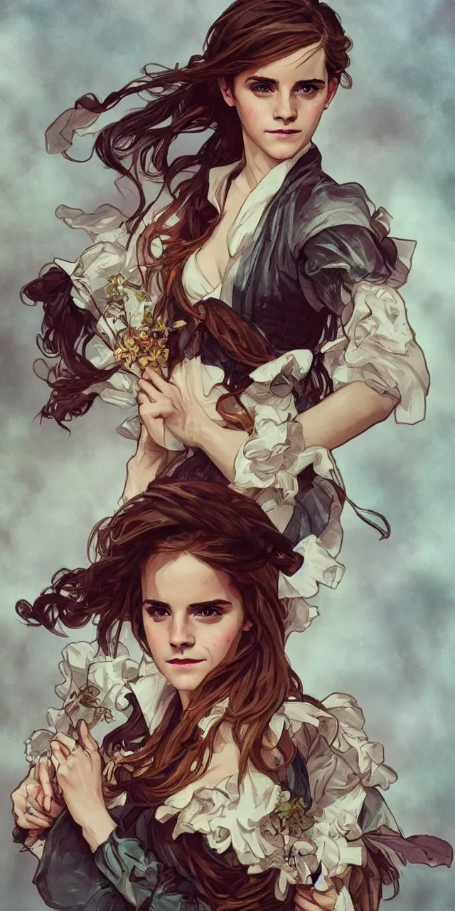 Image similar to emma watson southern belle style artgerm greg rutkowski alphonse mucha canon fujifilm sony alpha nikon adam arkapaw david bailey