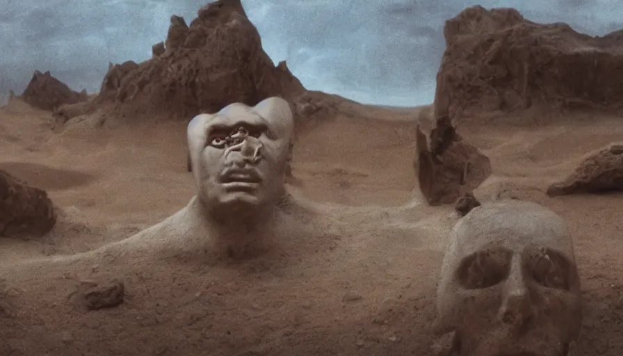 Image similar to glowing bene gesserit in full - face golden glowing mask meet salvador dali in a black rocky desert landscape with alienabandoned city beneath the sand and giant alien spaceship in the sky attacks the earth by christopher doyle and alejandro jodorowsky, anamorphic lens, kodakchrome, cinematic composition, very detailed photo, 8 k,