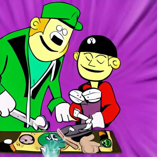 Image similar to billy and mandy rolling a cannabis joint with grim