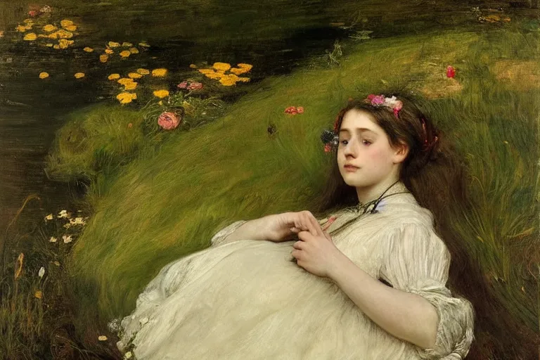 Prompt: a virtuosic portrait of a beautiful young girl floating in the dark waters of a river surrounded by high green grass and many fine flowers, sleeping, wearing a nicely crafted antique dress, by sir john everett millais, realistic, hyperdetailed, ethereal, sad, masterpiece, oil painting