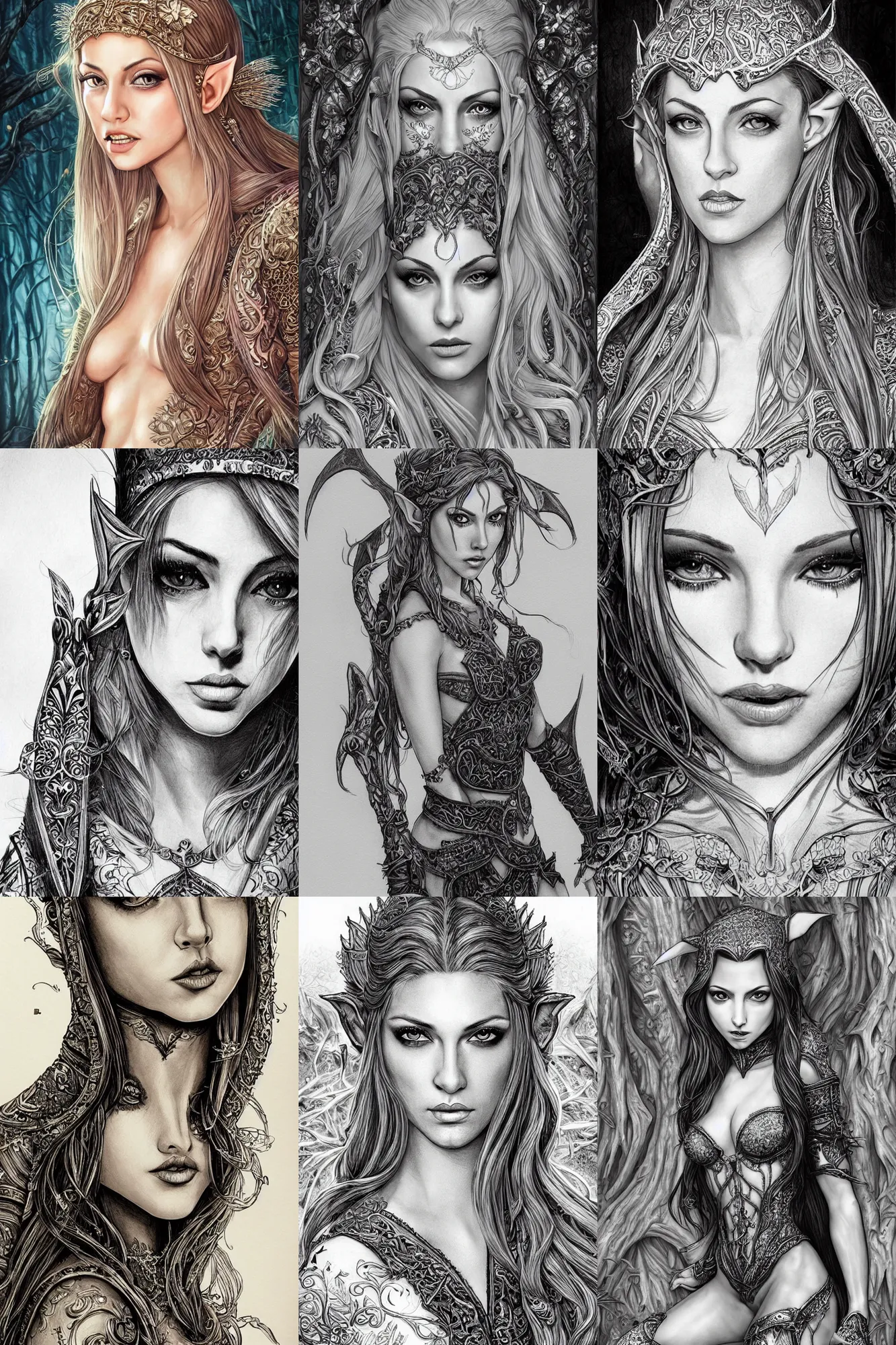 Prompt: alluring highly-detailed pen and ink illustration portrait of an attractive young elf woman (played by youthful Jenna Haze from 2003), clothed in a chesty fantasy outfit, intricate, elegant, highly detailed, digital painting, trending on Artstation, concept art, smooth, sharp focus, colorful, illustration, in the style of artgerm and greg rutkowski and alphonse mucha