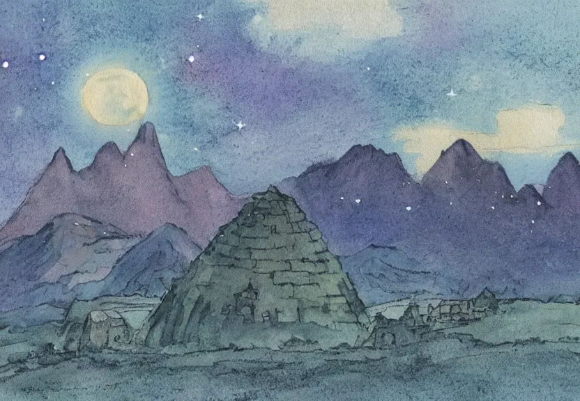 Prompt: a cell - shaded watercolor concept art from a studio ghibli film showing one giant grey ufo. in the background is machu pichu on a misty and starry night. by studio ghibli. very dull muted colors