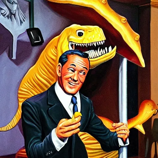 Prompt: beautiful lifelike painting of gene kelly demanding a refund on overcooked dinosaur steak in downtown dive bar bistro, hyperreal detailed facial features and uv lighting, art by ed roth and basil wolverton