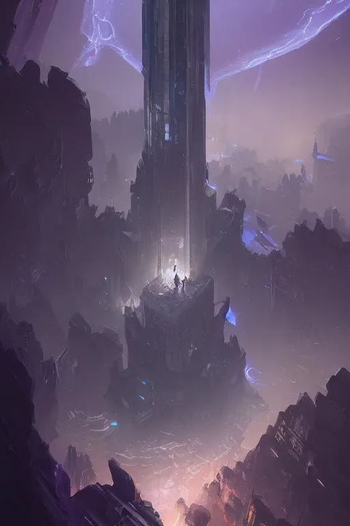 Prompt: Eldritch Tower of The Void, Purple and Blue colored, 4k, masterpiece, cinematic, by Greg Rutkowski, Trending on Artstation