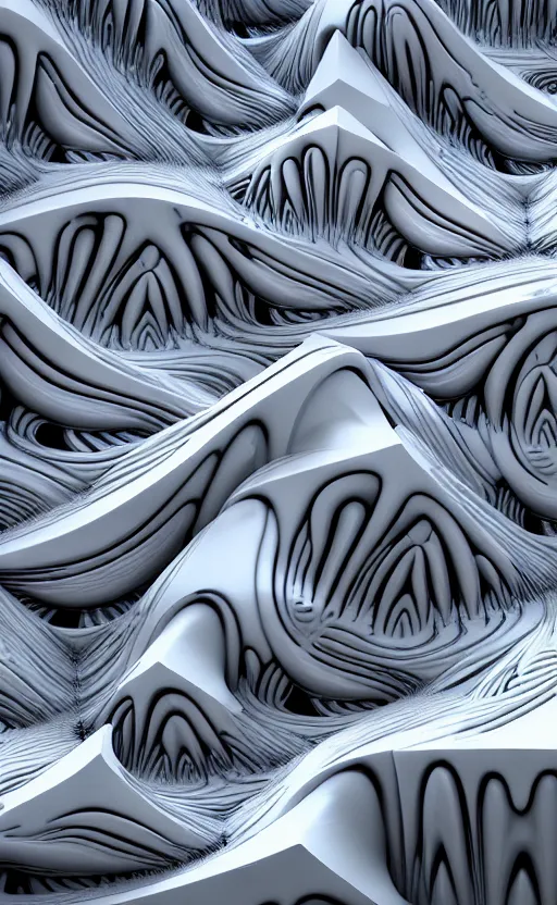 Image similar to highly detailed ultra sharp 3 d render cinematic composition of a smooth marble stone white fluid fractal sci - fi surreal architecture landscape, ceramic, magnesium, archviz, vincent callebaut composition, mamou - mani, beautiful lighting, 8 k, unreal engine, hdr, dof